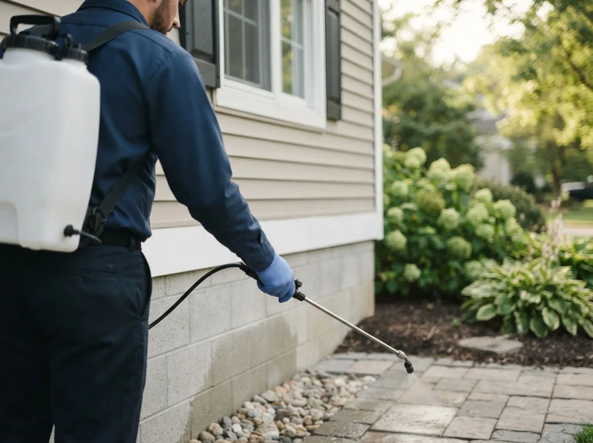 Pest control technician inspecting a home in Wawaka, IN